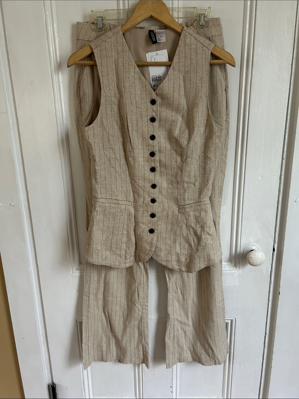 H&M Beige Pinstripe Linen-Blend Vest & Wide-Leg Trousers